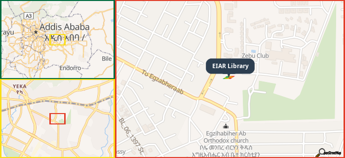 Map showing the address of EIAR Library in three different zoom levels.