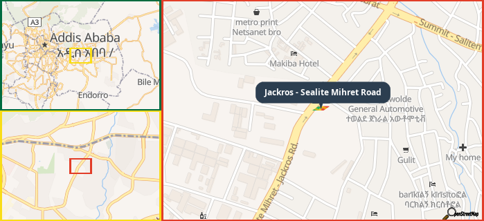 Map showing the address of Jackros - Sealite Mihret Road in three different zoom levels.