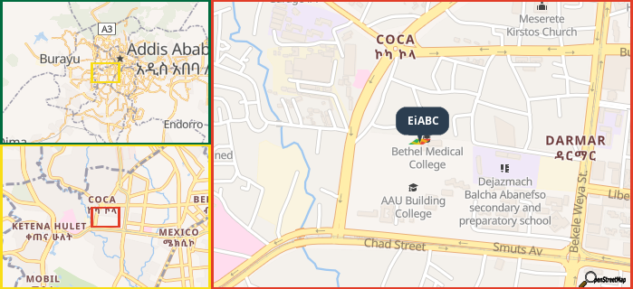 Map showing the address of EiABC in three different zoom levels.