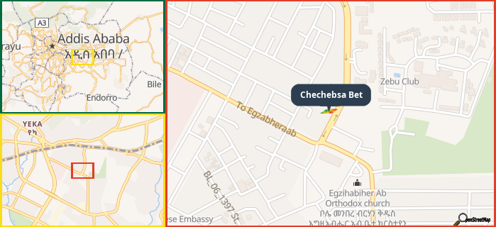 Map showing the address of Chechebsa Bet in three different zoom levels.