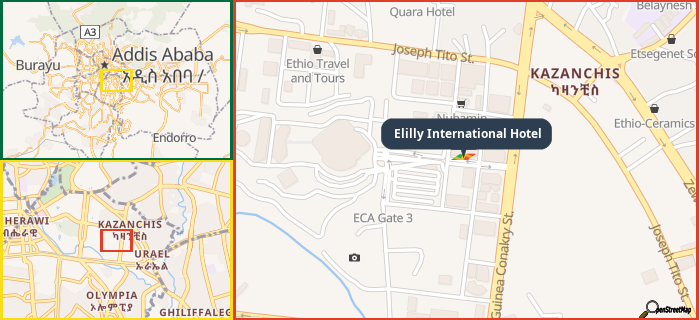 Map showing the address of Elilly International Hotel in three different zoom levels.