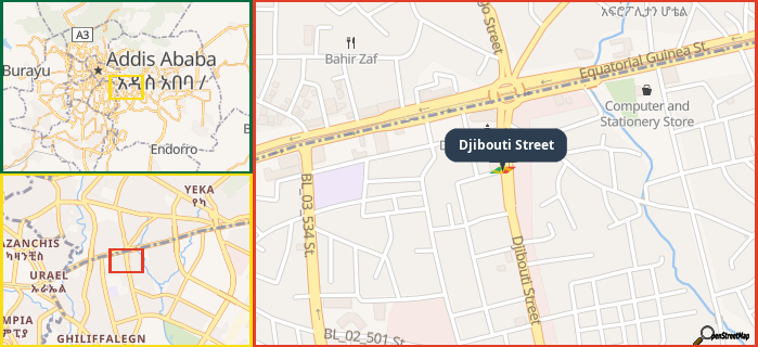 Map showing the address of Djibouti Street in three different zoom levels.