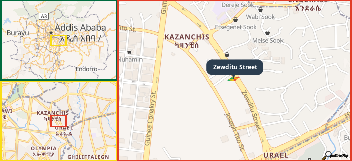 Map showing the address of Zewditu Street in three different zoom levels.