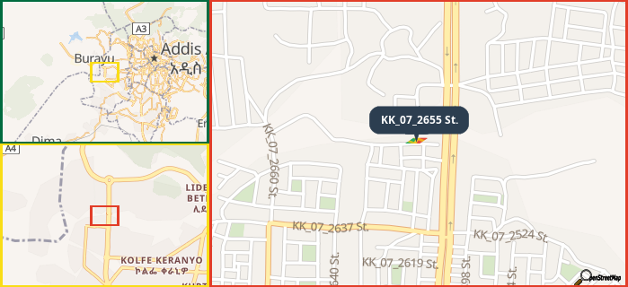 Map showing the address of KK_07_2655 St. in three different zoom levels.