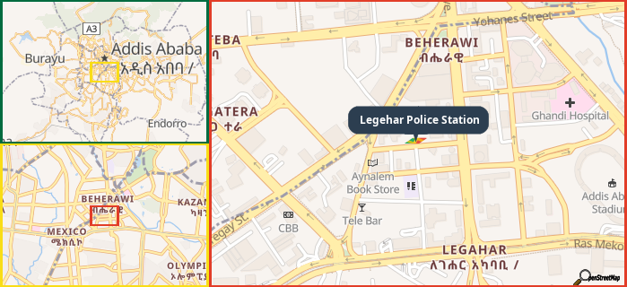 Map showing the address of Legehar Police Station in three different zoom levels.