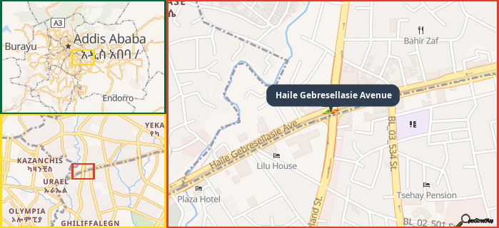 Map showing the address of Haile Gebresellasie Avenue in three different zoom levels.