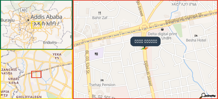 Map showing the address of شارع جيبوتي in three different zoom levels.