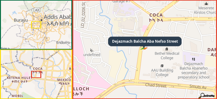 Map showing the address of Dejazmach Balcha Aba Nefso Street in three different zoom levels.