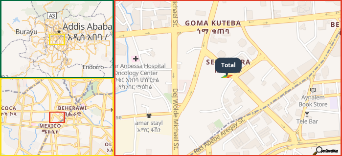 Map showing the address of Total in three different zoom levels.