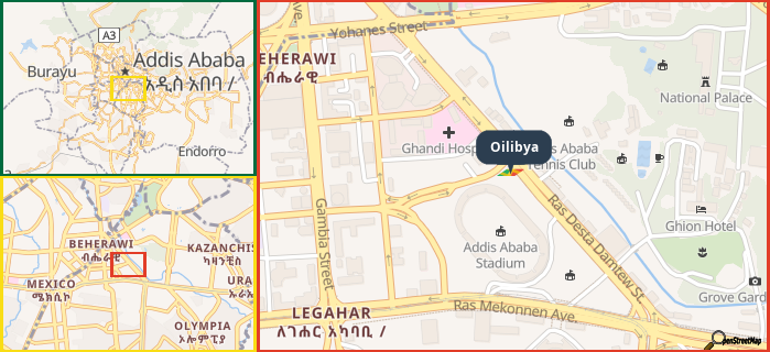 Map showing the address of Oilibya in three different zoom levels.