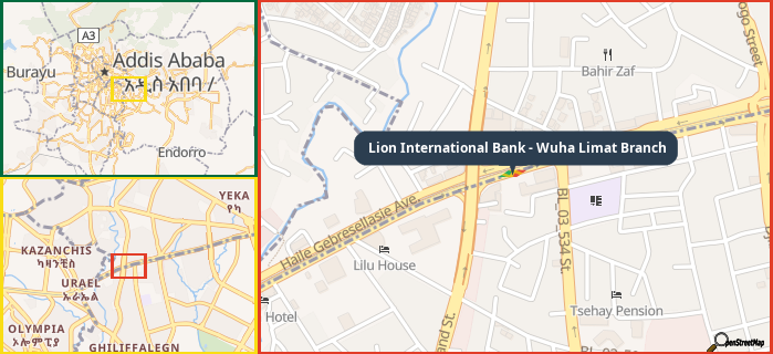 Map showing the address of Lion International Bank - Wuha Limat Branch in three different zoom levels.