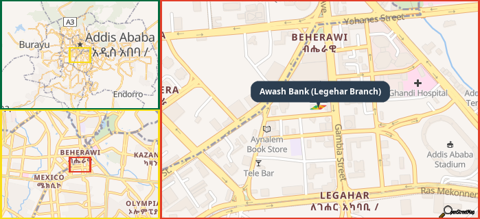 Map showing the address of Awash Bank (Legehar Branch) in three different zoom levels.