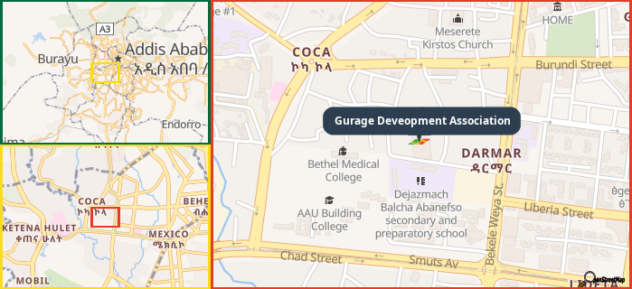 Map showing the address of Gurage Deveopment Association in three different zoom levels.