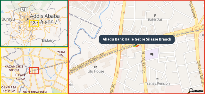 Map showing the address of Ahadu Bank Haile Gebre Silasse Branch in three different zoom levels.