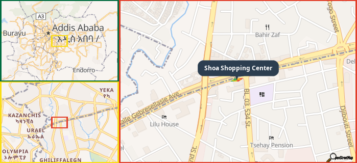 Map showing the address of Shoa Shopping Center in three different zoom levels.