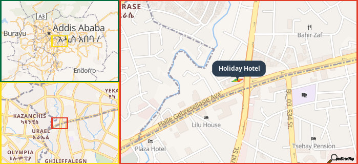 Map showing the address of Holiday Hotel in three different zoom levels.