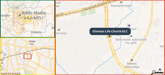 Map showing the address of Glorious Life Church;GLC in three different zoom levels.