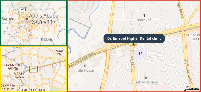 Map showing the address of Dr. Emebet Higher Dental clinic in three different zoom levels.