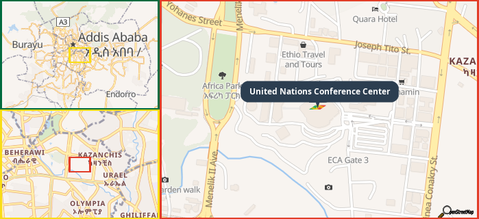 Map showing the address of United Nations Conference Center in three different zoom levels.