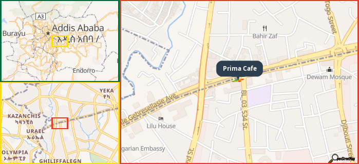 Map showing the address of Prima Cafe in three different zoom levels.