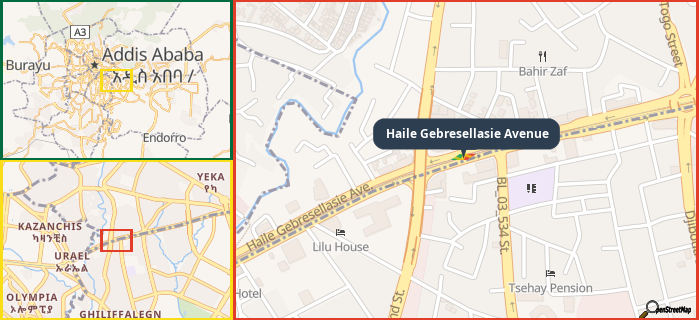 Map showing the address of Haile Gebresellasie Avenue in three different zoom levels.