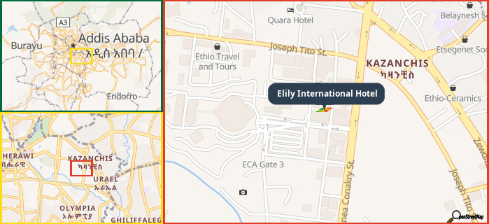 Map showing the address of Elily International Hotel in three different zoom levels.