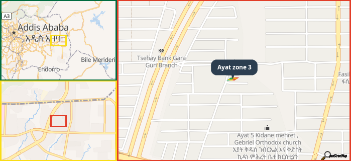 Map showing the address of Ayat zone 3 in three different zoom levels.