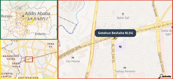 Map showing the address of Getahun Beshahe BLDG in three different zoom levels.