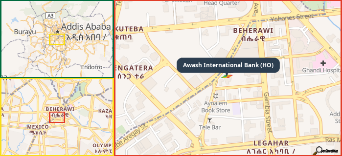 Map showing the address of Awash International Bank (HO) in three different zoom levels.