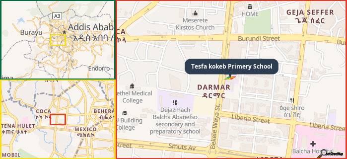 Map showing the address of Tesfa kokeb Primery School in three different zoom levels.