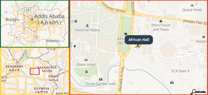 Map showing the address of African Hall in three different zoom levels.