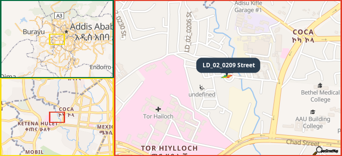 Map showing the address of LD_02_0209 Street in three different zoom levels.