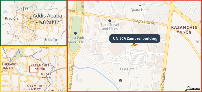 Map showing the address of UN ECA Zambezi building in three different zoom levels.