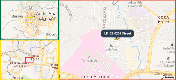 Map showing the address of LD_02_0209 Street in three different zoom levels.