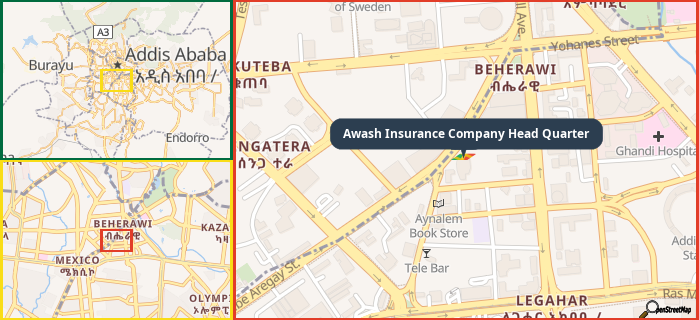 Map showing the address of Awash Insurance Company Head Quarter in three different zoom levels.