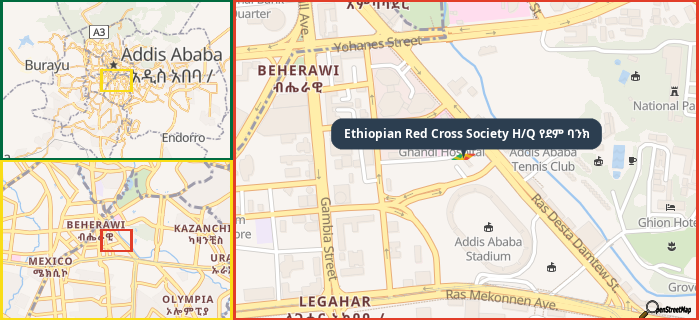 Map showing the address of Ethiopian Red Cross Society H/Q የደም ባንክ in three different zoom levels.