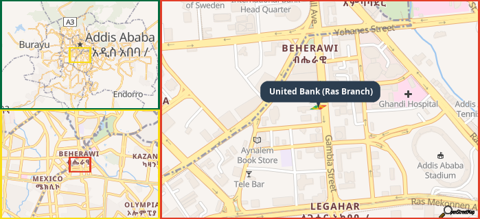 Map showing the address of United Bank (Ras Branch) in three different zoom levels.