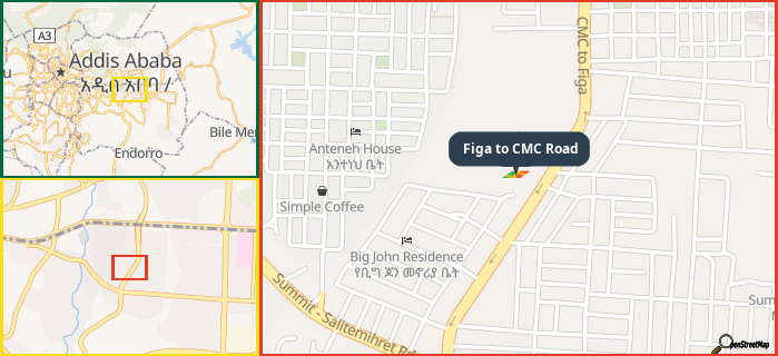 Map showing the address of Figa to CMC Road in three different zoom levels.
