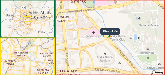 Map showing the address of Photo Life in three different zoom levels.