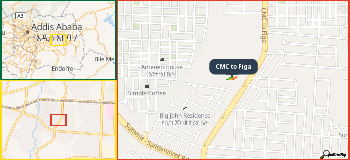 Map showing the address of CMC to Figa in three different zoom levels.