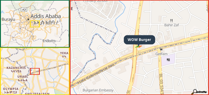 Map showing the address of WOW Burger in three different zoom levels.