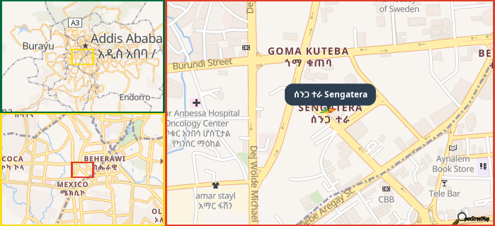 Map showing the address of ሰንጋ ተራ Sengatera in three different zoom levels.