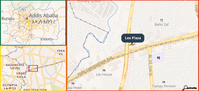 Map showing the address of Lex Plaza in three different zoom levels.