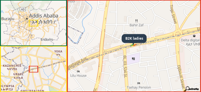 Map showing the address of B2K ladies in three different zoom levels.