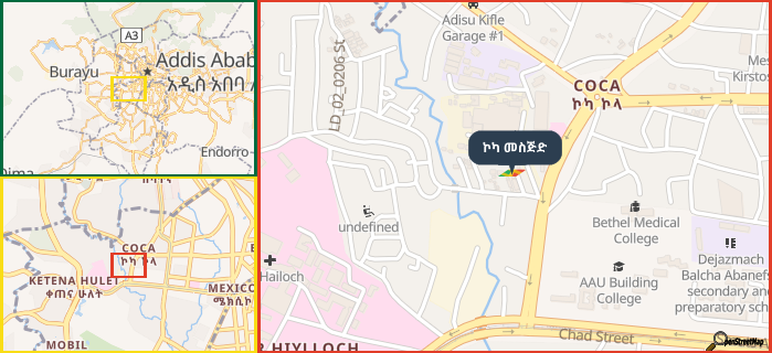 Map showing the address of ኮካ መስጅድ in three different zoom levels.