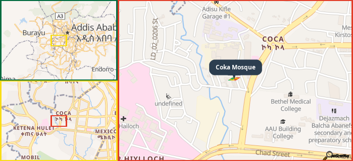 Map showing the address of Coka Mosque in three different zoom levels.