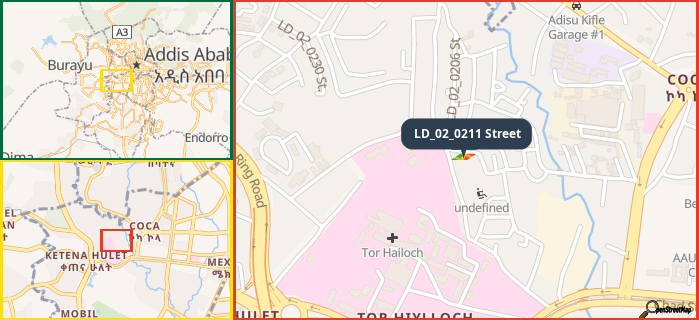 Map showing the address of LD_02_0211 Street in three different zoom levels.