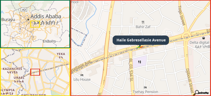 Map showing the address of Haile Gebresellasie Avenue in three different zoom levels.