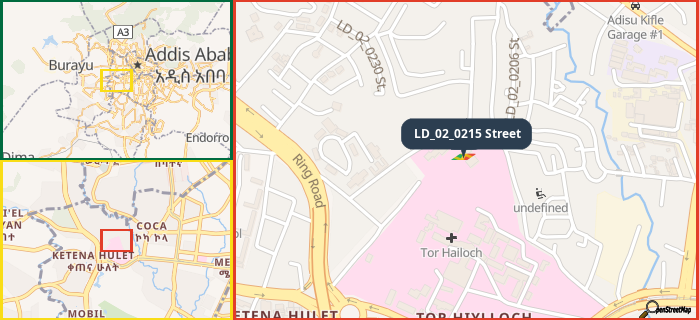 Map showing the address of LD_02_0215 Street in three different zoom levels.