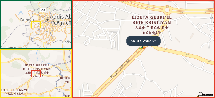 Map showing the address of KK_07_2302 St. in three different zoom levels.